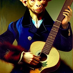 van gogh painting of a monkey playing a guitar, 6 strings, fingers