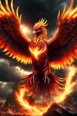 Create a ultra high definition and photorealistic image, 12k quality of a beautiful phoenix, majestic and strength showing, emphasis on texturized claws, upclose with a front view flying towards the camera, centre of an explosive and chaotic background scene of Armageddon where he is followed by demon like dark clouds in persuit trying to grab him, phoenix has striking eyes and determined look, majestic wings folded inwards in flight, bright auburn, black, white, grey and yellow colours, gothic