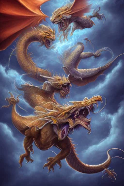 A flying tiger with wings is fighting with a dragon.