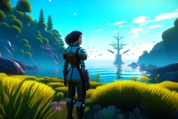 young woman in an android suit with dark hair, standing on the shore of an alien sea. Floating forests with dandelion tops in the distance