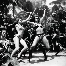 [photo by helmut newton] Swinging in on vines with deadly precision, the Amazons swiftly overpowered the bikini-clad warriors, knocking them down with swift kicks and powerful blows. The Space Girls, caught off guard and outmatched, struggled to defend themselves as the Amazons relentlessly pressed their advantage.Lost in the sweltering heat of the jungle, the Space Girls found themselves at the mercy of the primitive natives who seemed to have the upper hand in the brutal confrontation. Fumblin