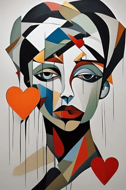 Abstract painting of a woman with a broken heart. Abstract art that does not represent an accurate depiction of visual reality, communicating instead through lines, shapes, colors, forms and gestural marks, perfect composition, cubism style