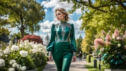 fullbody shot of girl makeup wearing a dark green-silver victorian top and pants walking in moder city of 2040 park ,flowers ,pretty clouds in blue sky,city escape.