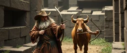 Gandalf as a cowboy, Frodo as a cow wrestler minotaur with a crossbow in a labyrinth