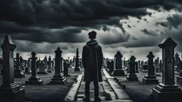 A depressed young guy stands in the middle of a cemetery, gloomy atmosphere, black clouds, black tones