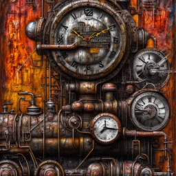 an abstract painting of an old locomotive, rust, scaffolding, iron cladding, decay, mixed media, textured, anatomically correct, melted clock, highly detailed