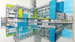 sketch lines, Brutalist concrete buildings reflected in still, glassy lake water, creating a colorful abstract composition that challenges the style's reputation for austerity., pencil drawing