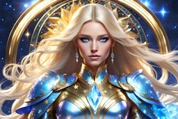 (Masterpiece )Full Body Gourgeus light aura Knight Woman Man perfect light blue eyes, round pupil, beautiful Makeup, detailed face,very long straight Blond hair, opalescent iridescent color, precious stones crystal gold, starry night , lightning