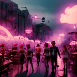 Ultra Realistic photo, medium shot view, drunken women, carnival scene, sexy steampunk. Pink hair, Sunglasses, smoking, happy, hot, red fog. highly detailed, concept art, unreal engine 5, ray tracing, RTX, lumen lighting, ultra detail, volumetric lighting, 3d, finely drawn, high definition, high resolution.