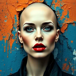 A striking contemporary abstract portrait of a beautiful bald woman without hat, partial figure emerging from heavily textured weathered surface. Smooth polished bald head and face with glossy red lips as focal point, natural skin tones contrasting against rough peeling paint background. Dramatic complementary color palette of vibrant orange and deep blue with distressed textures, paint splatters, and aged wall effects. Mixed media street art style combining photorealistic facial features with a