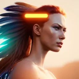 A beautiful portrait of a cyberpunk woman with lot's of grain on her skin red head with hair flying in the wind cyborg smiling facing camera orange color scheme, high key lighting, volumetric light high details with white stripes and feathers unreal 5, octane render, cinema4d, dynamic lighting, dramatic lighting, 4k, redshift render, highly detailed, hyper realistic like Tron the movie