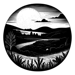 landscape, black and white stamp.