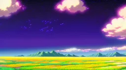 purple sky full of stars, sunflower field, anime, high res, makoto shinkai
