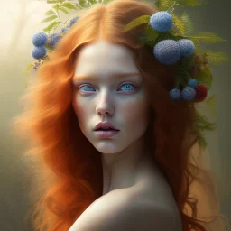 Perfect flawless Beautiful red-haired girl with gorgeous long curly hair and blue eyes in a wreath of hyper-realistic Rowan on her head, no mistakes, flawless painting, beautiful art, realistic, hyper-realistic, life-like; by Ricardo Chavez-Mendez; Deep Colors; 8K