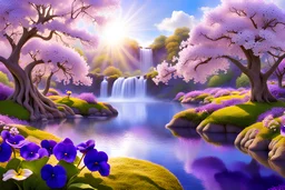 magic park with pansy, purple or parma flowers, parma or blue light effects colors, sun, realistic, pond with waterfall, pansy flowers around, beautiful blooming sakura trees in spring, highly detailed, high contrast, 8k, high definition, concept art, sharp focus