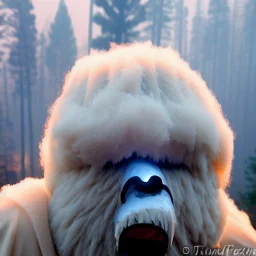 subject = (Yeti in a mask) * (burning yeti huge flames and totally on fire), background = (wildfires, flames, mountains, fires, smoke, disaster, burning)