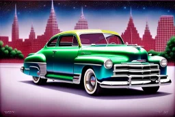 a true-to-life 1948 Chevrolet Fleetline, centered, intricate, extreme detailed, photorealism, center view, city background, pivot on chevrolet, pen and color marker painting by cheryl kelley