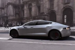 A Tesla 'Model Y' is drifting at high speeds, near the 'Central Synagogue' in New York City. (CINEMATIC, WIDE ANGLE LENS, PHOTO REAL)