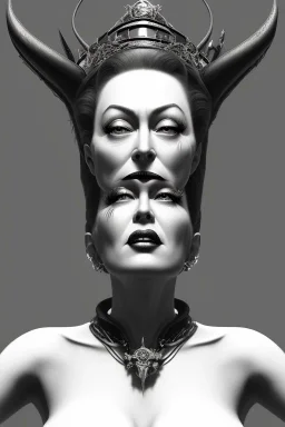 Joan Crawford as evil queen in black leather, busty, cleavage, dominatrix, curvy, angry, stern look. character design by cory loftis, fenghua zhong, ryohei hase, ismail inceoglu and ruan jia. unreal engine 5, artistic lighting, highly detailed, photorealistic, fantasy