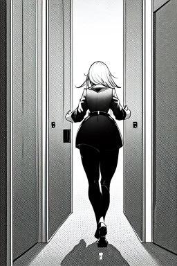 military girl runs fast in a corridor, greyscale