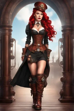 Photorealistic full-height photo of a fantasy skinny pin-up girl in steampunk outfit with boots with long, red hair