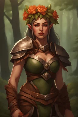 curvy dnd elven woman with big chest and hips in leather armor and a flowercrown on her head, standing in the forest