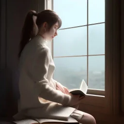 Study girl read a book in by the window, movie, real photo realistic, unreal engine, cinematic lighting --ar 1:1 creative