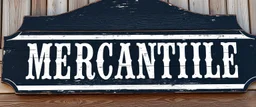 fill composition with large and wide hand painted old western sign that reads: "MERCANTILE" white on black with inset white stripe aged paint on wood sanserif