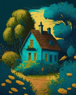 Van Gogh style, small house with garden, flowers, trees