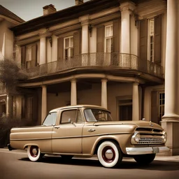 an old-fashioned Ford with spare tire on the back, high bodywork sepia color drives on an old-fashioned square with mansions on either side, Award winning photography illustration dynamic lighting 8k, award winning fantastic view portrait, colourful Nikon850
