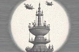 1800's art style, people on top of a rocketship to the moon