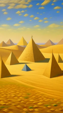 A beige desert with shiny pyramids painted by Georges Seurat
