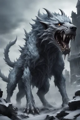 frost hellhound out of the abyss monstrous with five heads in ruins of medival town