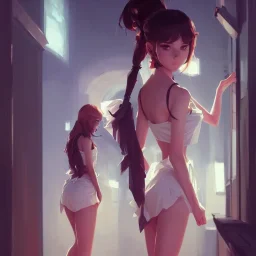 Insane pretty young woman short dressed. by wlop, ilya kuvshinov, krenz cushart, greg rutkowski, pixiv, sarah j. maas book cover style magician at the end of a corridor, smooth, sharp focus, d & d style, artstation, 4 k, hdr. Full body