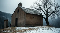 a lonely old adobe hut with worn adobe brown-gray wall and a small window, a crumbling roof, an old chimney stands on a hill, next to it is a small woodshed by the wall, and an old withered tree leans over the hut, the hut stands on the edge of a European forest, winter, snowy landscape, low light, dawn, high detailed, sharp focus, high realistic, perfect photo