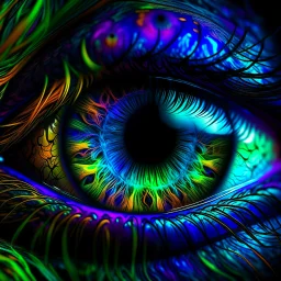 Close-up of mystical eyes, neon glow, intricate iris patterns, digital art style