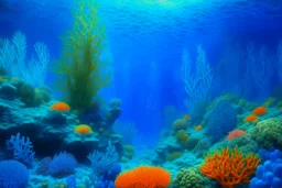 A cerulean underwater coral reef designed in ancient Roman mosaics painted by Ivan Aivazovsky