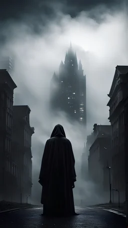 In the background you can see an eerie ghostly silhouette in a black robe against the backdrop of thick fog and city buildings, black clouds in the sky, horror film style, gray tones, detail