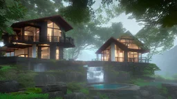 modern house by a big water falls in a karstic montain rain forest idea en construccion