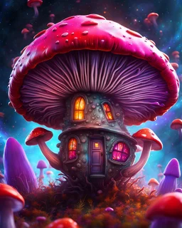 singular weird floating mushroom house in space. intense cosmic space, intergalactic. Detailed gloss Painting, bright random color, fantastical, intricate detail, splash screen, hyperdetailed, insane depth, concept art, 8k resolution, trending on Artstation, Unreal Engine 5, color depth, backlit, splash art, dramatic, High Quality Whimsical Fun Imaginative unusual, good composition