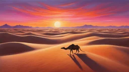 A hyper-realistic oil painting capturing the vast desert landscape with a vibrant sunset casting long shadows on the sand dunes, a lone camel silhouetted against the horizon, mirage-like waves of heat rising from the ground. The sky is painted in warm hues of orange, pink, and purple, creating a surreal and dream-like atmosphere