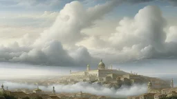 A white cloudy city designed in Kuna Molas painted by Ivan Aivazovsky