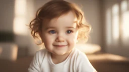 a beautiful female baby, beautiful eyes, black eyes, smiling a photo, white t-shirt, brown hair, scenter of photo, cinematic lighting, volumetric lighting, lighting, High quality, do not blur photo, octane rendering, 16k, no copyright, using a banner photo