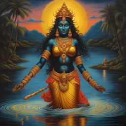 An oil painting of goddess Kali crossing a lake, neon gold colors, high detail eyes,