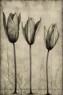 Minimalist rough abstract dusty Charcoal drawing of 3 tulips on a textured gesso background.