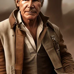 stunning photo realistic detailed head to waist portrait of harrison ford as han solo in star wars with photo realistic short hair, brown eyes, professional painting by drew struzan, trending on artstation, Sharp focus, weathered skin,space jacket from star wars