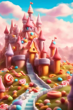 a painting of a castle surrounded by candy land, a detailed matte painting by Chris LaBrooy, behance contest winner, fantasy art, fantasy, behance hd, rendered in cinema4d