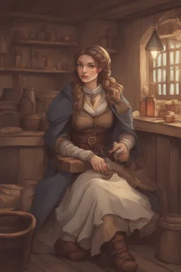 DnD style, medieval beautiful woman dressed in warm winter clothes sitting in a tavern