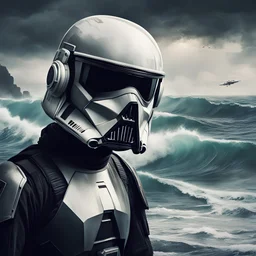 Gazing at a sinking TIE-fighter in the sea. Unspoken connection between two different worlds, Emotions hidden beneath the stormtrooper's mask. Curiosity and sadness reflected in the woman's eyes. Echoes of a galactic battle, scars on the universe. Crashing waves against the cliff, a relentless symphony.