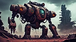 Chronomorph CybPost-Apocalyptic Tribal Wasteland , neo cyberpunk people, deep complementer colors, , The atmosphere dystopian, mecha, ruins, sharp focus, intricate details, weird, cinematic, crepy stunning